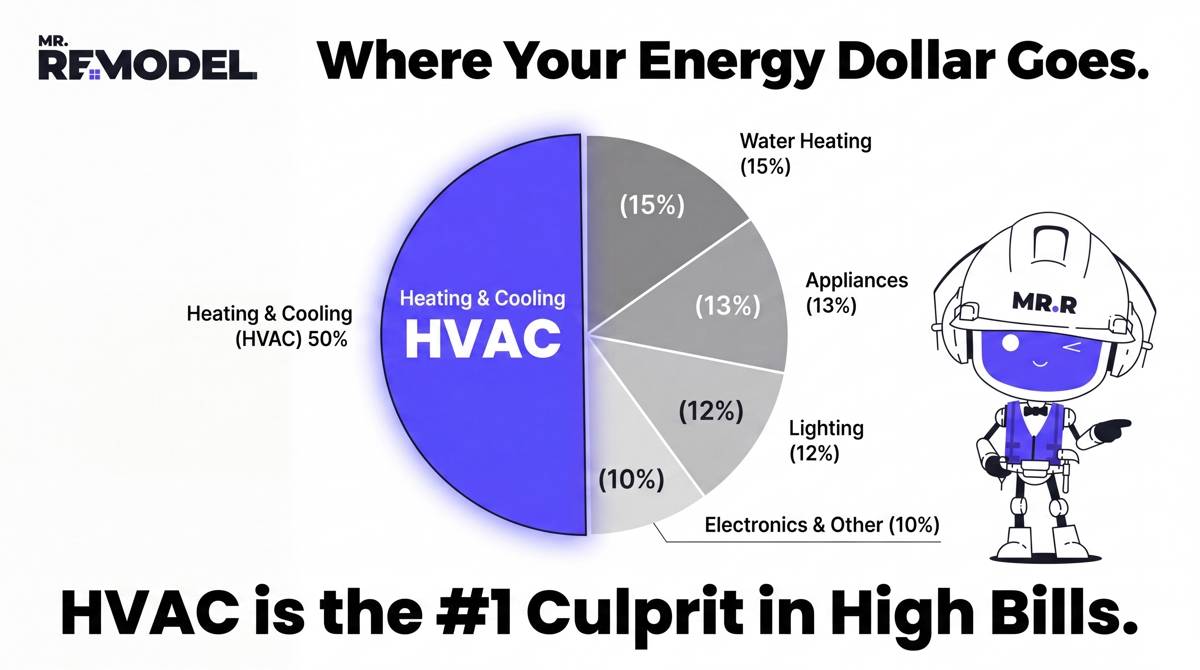A simple, powerful pie chart infographic. The chart is titled "Where Your Energy Dollar Goes." One large, red segment is highlighted, labeled "Heating & Cooling (HVAC): 50%." The remaining 50% is split into smaller gray segments (Lighting, Appliances, Water Heating). This establishes the premise immediately.